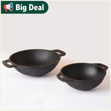 Set of 3 Iron Kadai Traditional Wok Size 8 1L, 10 2L, 123L Indian