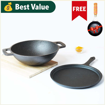 CASTrong Cast Iron Cookware Set: Free ₹400 Tadka Pan+ Tawa+ Kadai (Wok model), Kitchen Set for Home, Pre-seasoned, 100% Pure, Toxin-free