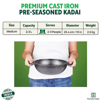 CASTrong Cast Iron Kadai ,Pre-seasoned, Nonstick, 100% Pure, Toxin-free, Induction, Free ₹110 Spatula, 25.4 cm, 2.3L, 2.5kg