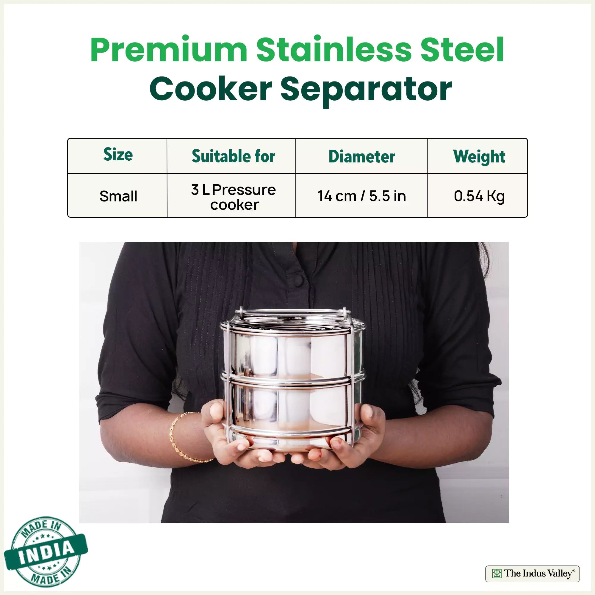 Stainless Steel Pressure Cooker Separator 2-tier Compatible with 3 Litres , Premium Quality, 100% Safe, 2 Containers With Lifter Stand, Stainless Steel