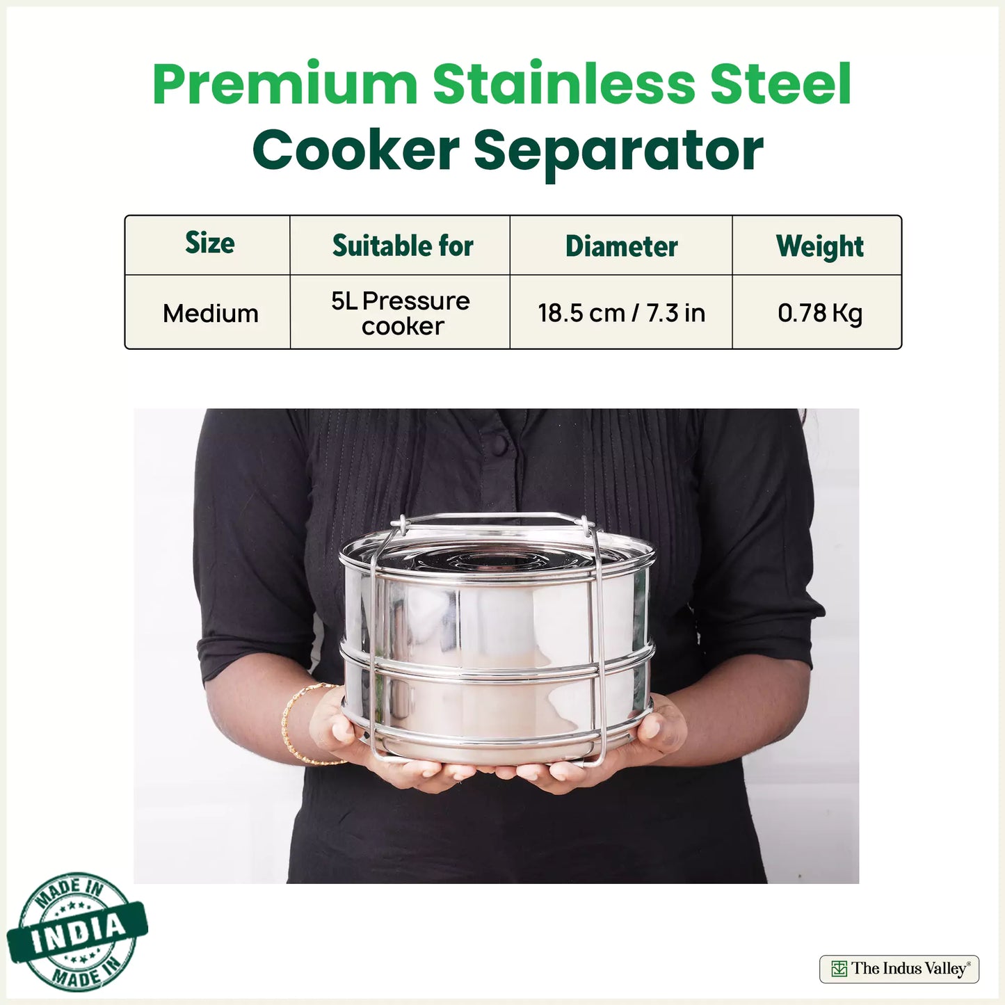 Stainless Steel Pressure Cooker Separator 2-tier Compatible with 5 Litres , Premium Quality, 100% Safe, 2 Containers With Lifter Stand, Stainless Steel