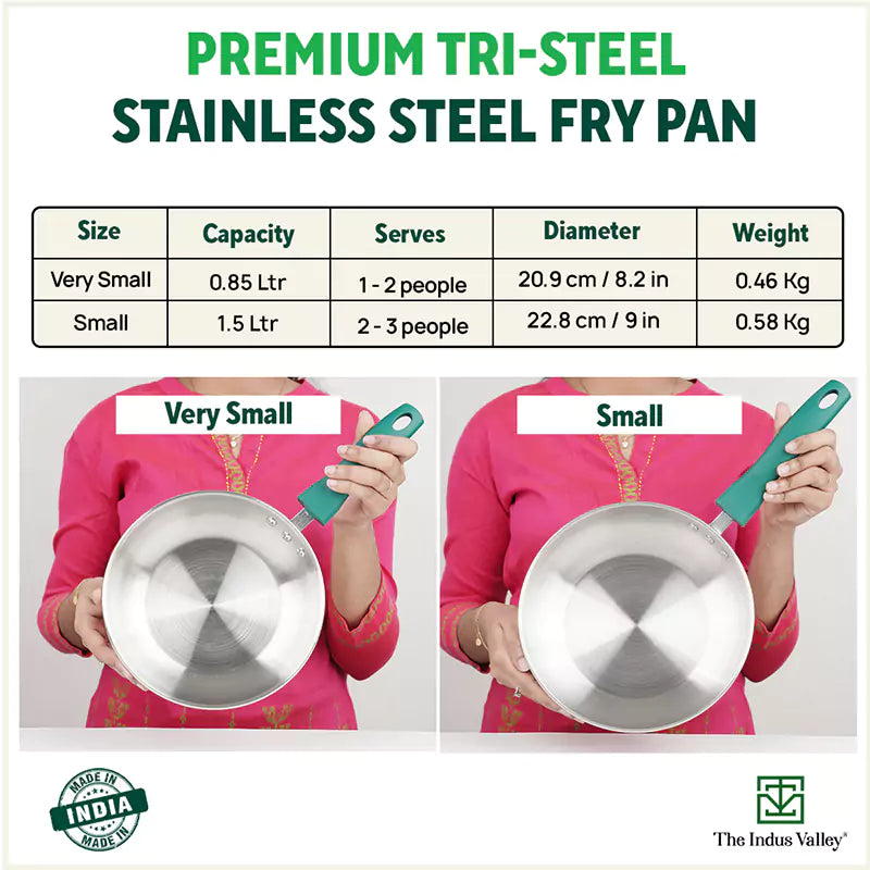 Tri-Steel Stainless Steel Frying Pan/Skillet, Premium Quality, Tri-ply (3 Layer) Bottom, Soft-touch Handle, 100% Toxin-free, Non-stick, Induction & Gas, 20.9/22.8 cm, 0.85/1.5 L