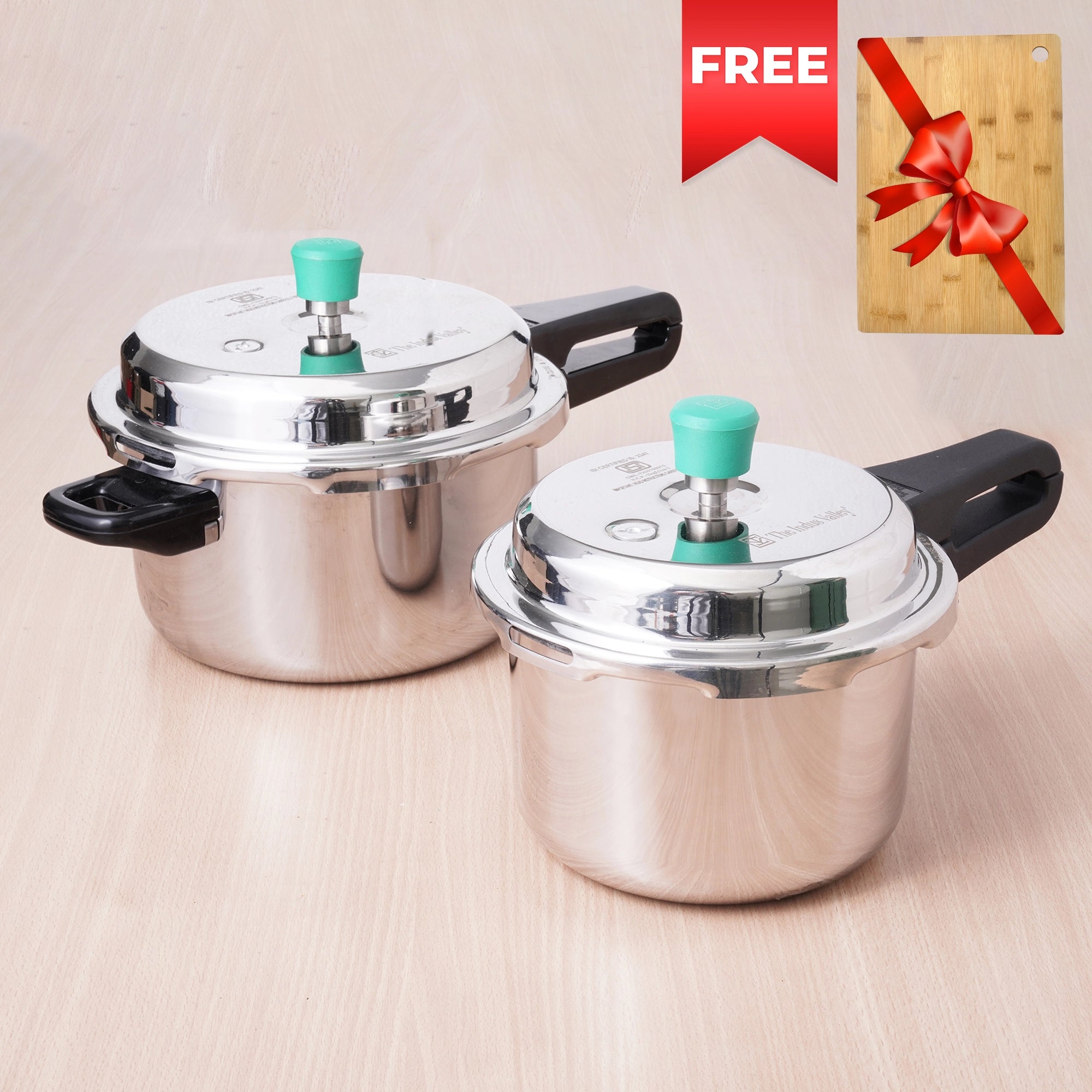 3L+5L RapidCuk Tri-ply Stainless Steel Pressure Cooker Combo, Premium Quality, 3 Layer Thick Body, Heavy Bottom, 5Yr Warranty, ISI Certified, Induction & Gas, Free ₹600 Wood Chopping Board