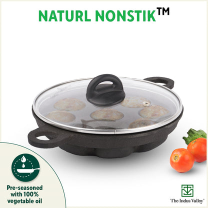 9 Pit/Cup CASTrong Cast Iron Paniyaram/Appe Pan+ Glass Lid, Pre-seasoned, Natural Nonstick, 100% Pure, Toxin-free, 21 cm, 2.7 kg