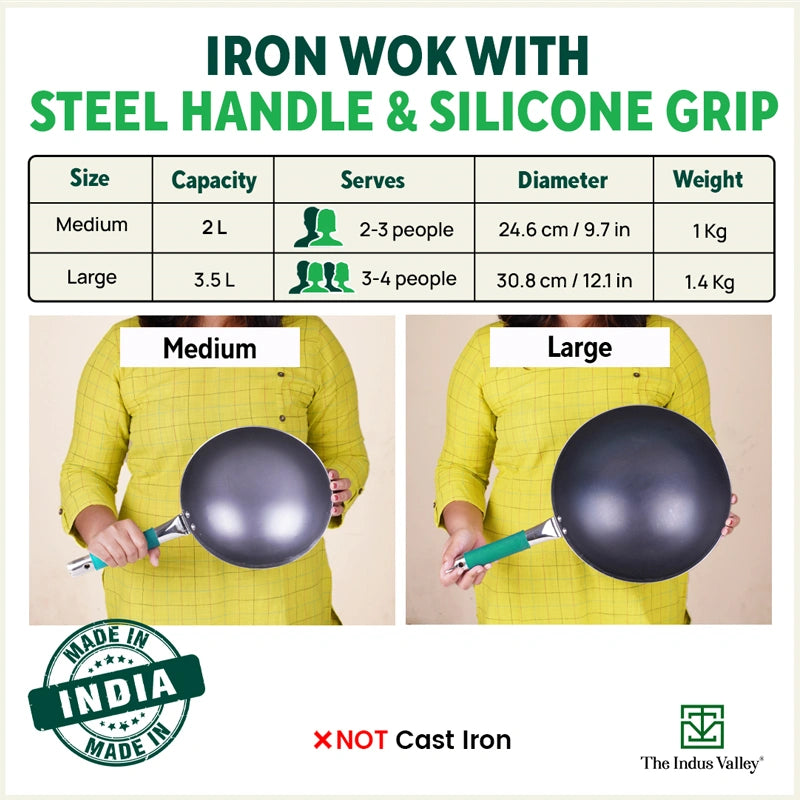 Iron wok with silicone grip