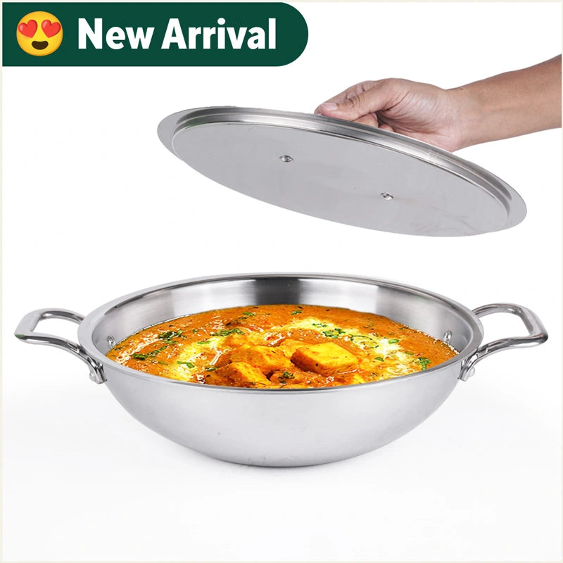 TurboCuk Tri-ply Stainless Steel Kadai with Lid, 3 Layer Body, Induction, Non-stick, 3.5L/4.5L