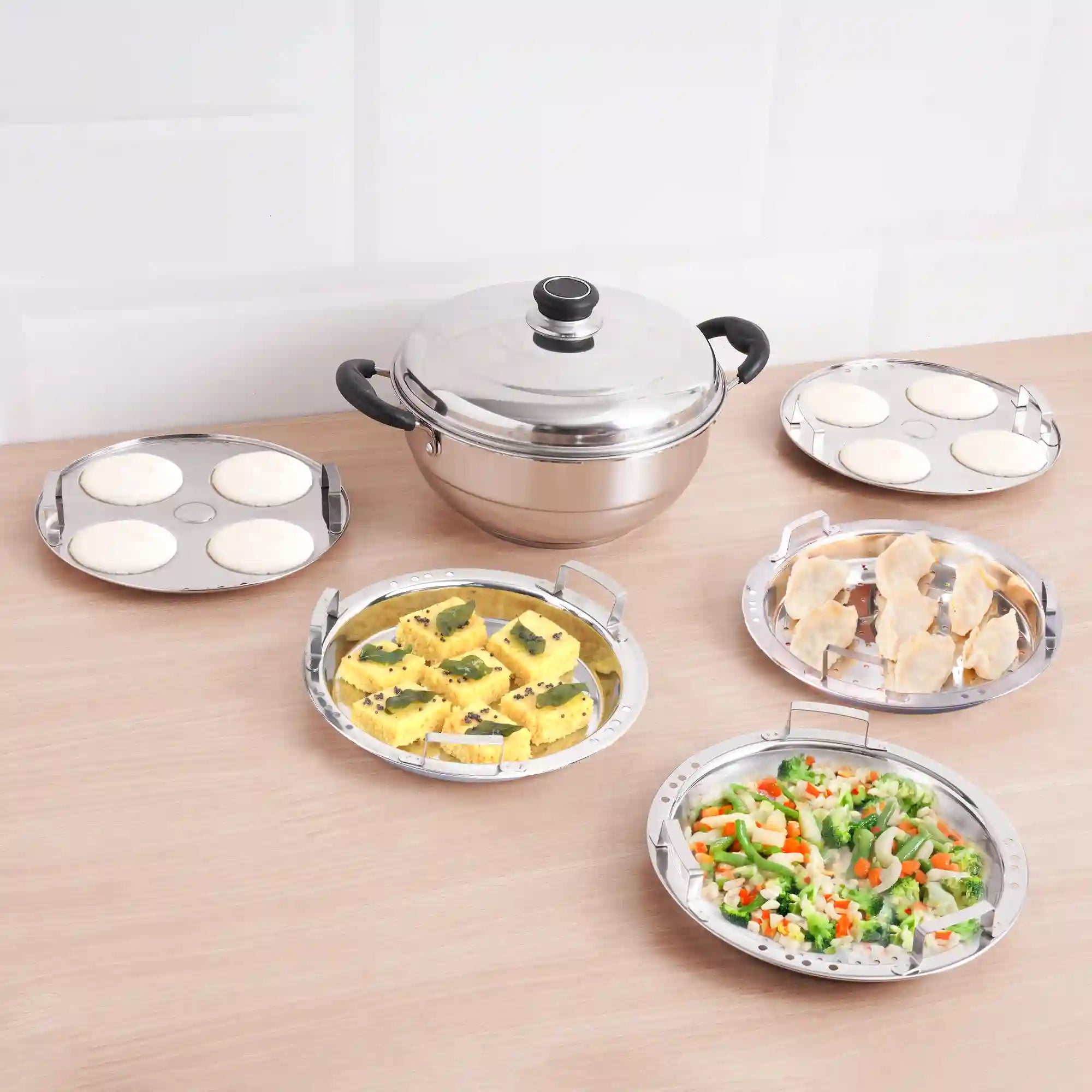 4 Pit Tri-Steel Premium Stainless Steel Idli/ Dhokla/ Momo Maker/ Multi Pot/ Veg Steaming Set, Tri-ply Induction Bottom, 5 Plates, 3L