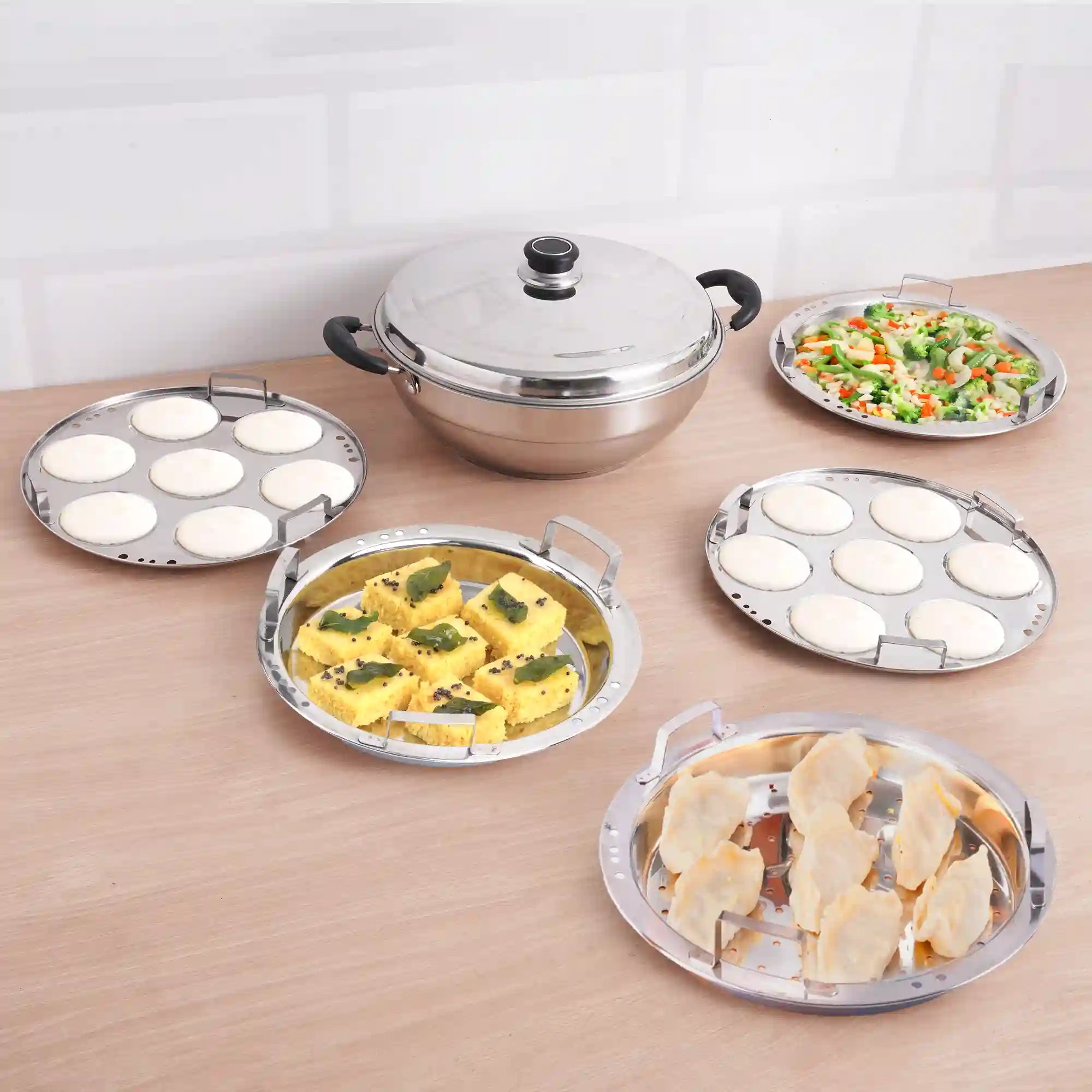 7 Pit Tri-Steel Premium Stainless Steel Idli/ Dhokla/ Momo Maker/ Multi Pot/ Veg Steaming Set, Tri-ply Induction Bottom, 5 Plates, 4.2L, 2.5kg