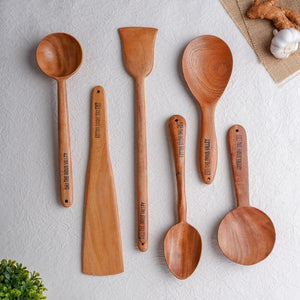 Neem Wood Spatulas for cooking & Serving – Thick, Long, Sturdy, Large [Set of 6] (Round Serve) - The Indus Valley