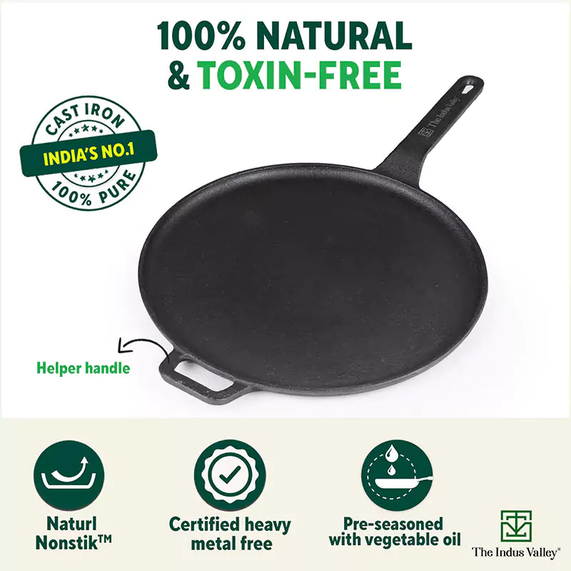 CASTrong Cast Iron Tawa With Long Handle,Pre-seasoned, Nonstick, 100% Pure, Toxin-free, Induction, 28.5cm, 2.4kg