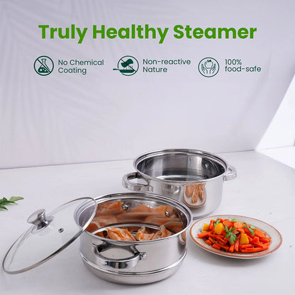 Tri-steel Multi Purpose Stainless Steel Steamer with Sandwich bottom  | Vegetable Steamer | Khandvi/Modak/Momo Maker | Steaming Pot 1.42 Kg / 1.9 Kg, 2 Tier / 3 Tier