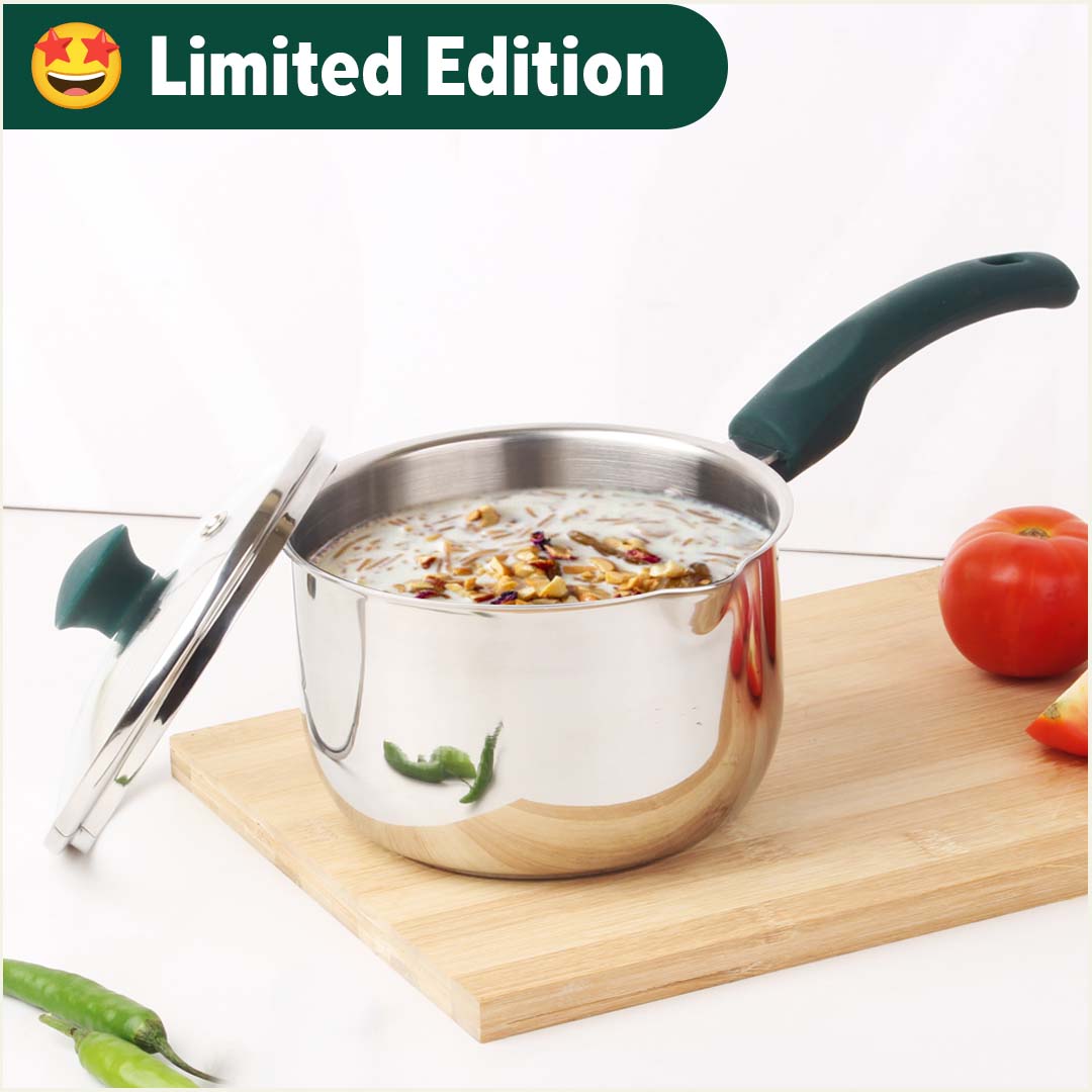 Tri-steel Stainless Steel Tea/Milk Pan with Spout & Glass lid, Premium Quality, Tri-ply (3 Layer) Bottom, 100% Toxin-free, Non-stick, Induction & Gas, 1 Litre