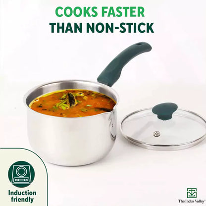 Tri-steel Stainless Steel Tea/Milk Pan with Spout & Glass lid, Premium Quality, Tri-ply (3 Layer) Bottom, 100% Toxin-free, Non-stick, Induction & Gas, 1 Litre