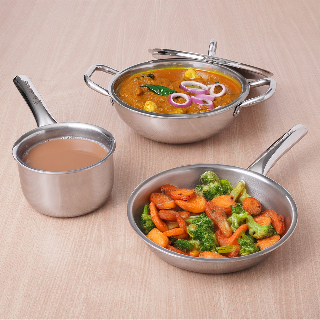 TurboCuk Tri-ply Stainless Steel Cookware Set: Kadai+ Frypan+ Tea/Milk pan, Premium Quality, 3 Layer Thick Body, 100% Toxin-free, Non-stick, Induction & Gas