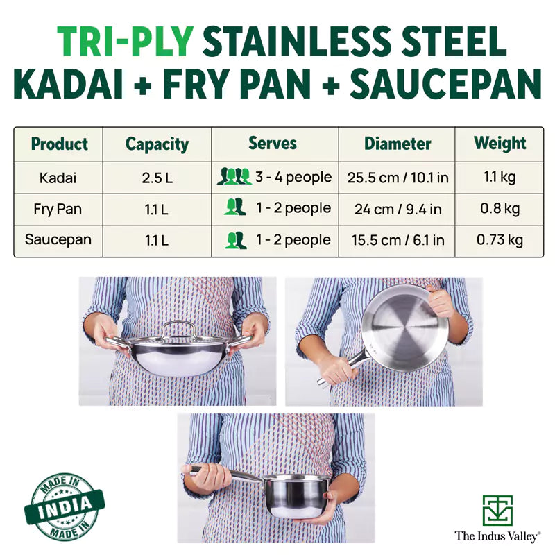 TurboCuk Premium Tri-ply Stainless Steel Cookware Set: Kadai + Frypan + Saucepan, Toxin-free, Induction