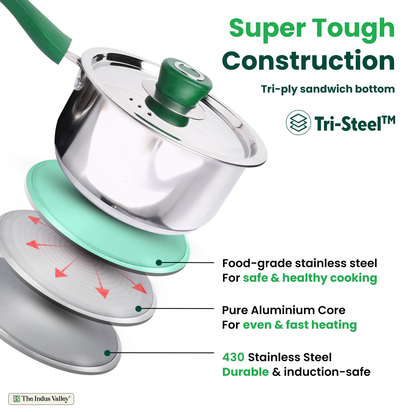 Tri-Steel Stainless Steel Tea/Milk Pan+ Lid, Premium Quality, Tri-ply (3 Layer) Bottom, Soft-touch Handle, 100% Toxin-free, Non-stick, Induction & Gas, 1/1.5 L, 14.9/16.9 cm