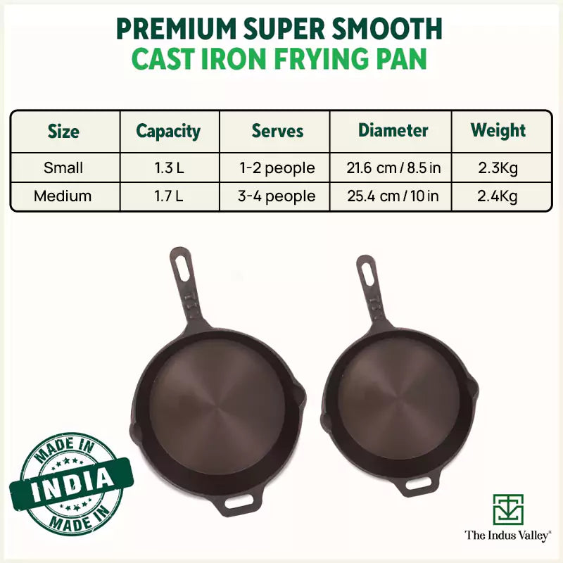 Super Smooth Cast Iron Fry Pan, 100% Pure, Toxin-free,Pre-seasoned, Induction, Non-stick, 20.3/25.4cm, 1.3/1.7L