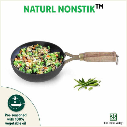 100% Pure Sheet Iron Tadka Pan with Wooden/Silicone Handle, Seasoned, Toxin-free, 0.8/0.43ml