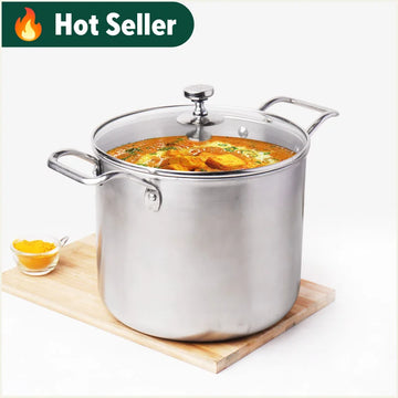 The Indus Valley Triply Stainless Steel Stock Pot/Biryani Pot/Casserole  with Glass Lid | Large 24cm/9.5 inch, 4Ltr, 2.1kg | Induction Friendly 