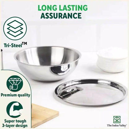 TurboCuk Tri-ply Stainless Steel Tasla/Tasra/ Patila+ Steel Lid, Cook & Serve, Premium Quality, 3 Layer Thick Body, 100% Toxin-free, Non-stick, Induction & Gas, 1.6/1.7/3.2L