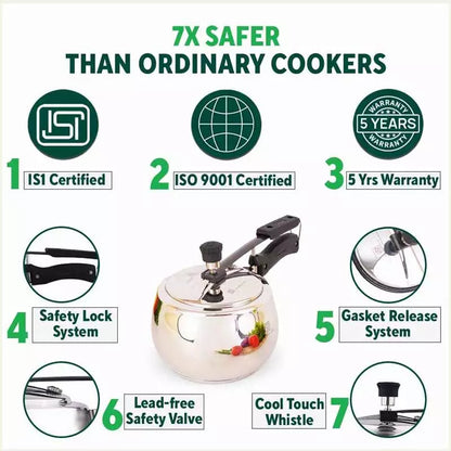 QuicKooker Stainless Steel Pressure Cooker, Premium Quality, Inner Lid, Tri-ply (3 Layer) Heavy Bottom, 100% Safe, ISI Certified, 5 Yr Warranty, Induction & Gas, 3/5L